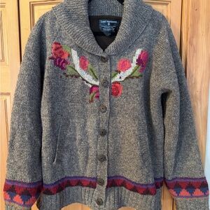 Lost Horizons - Sundance catalog Women's Gray Cardigan with Floral Accents